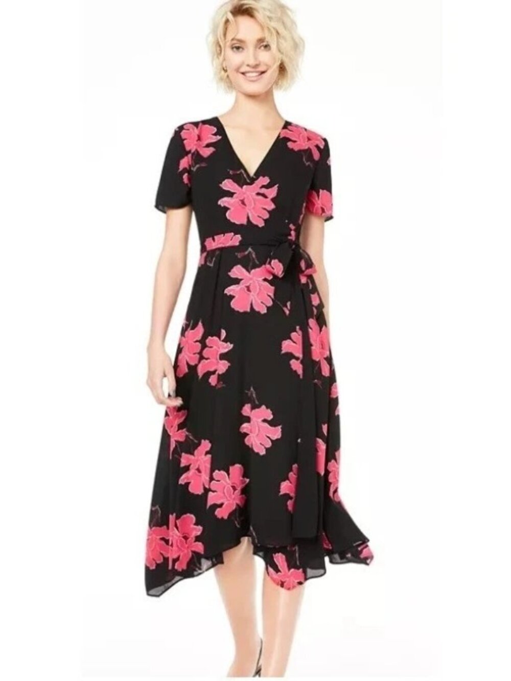 Alfani Black Pink Floral Wrap Tie Waist Dress Size 10